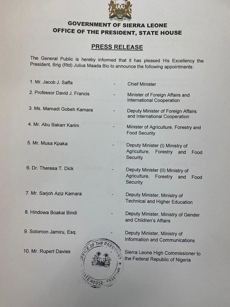 Government of Sierra Leone Announces New Reshuffle SwitSalone